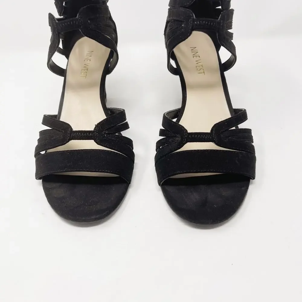 Nine West 6.5 Black Faux Suede Roseo Strappy Wedge Sandals Heeled Zip Back